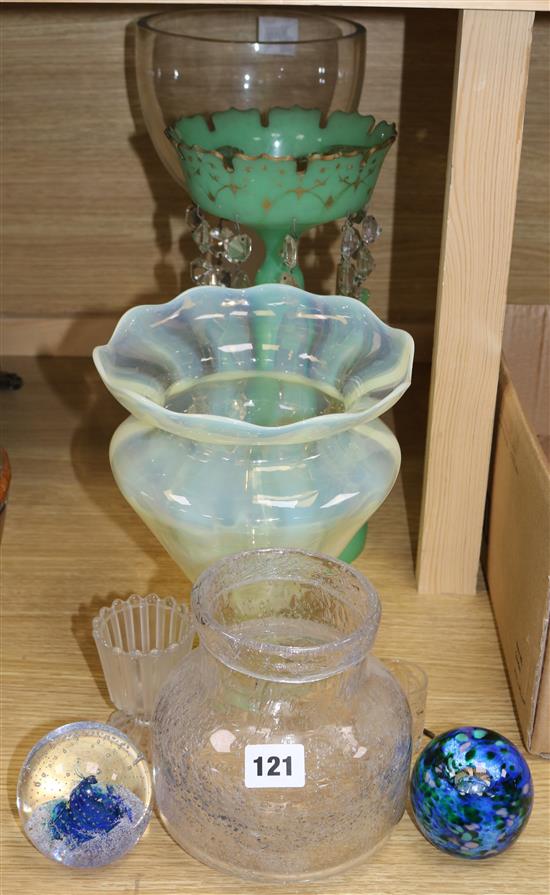 A Victorian vaseline glass vase, a green glass table lustre and other glass tallest 38cm